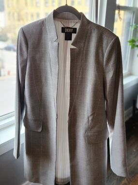 DKNY Women's Plaid Longline Blazer in Gray and Black